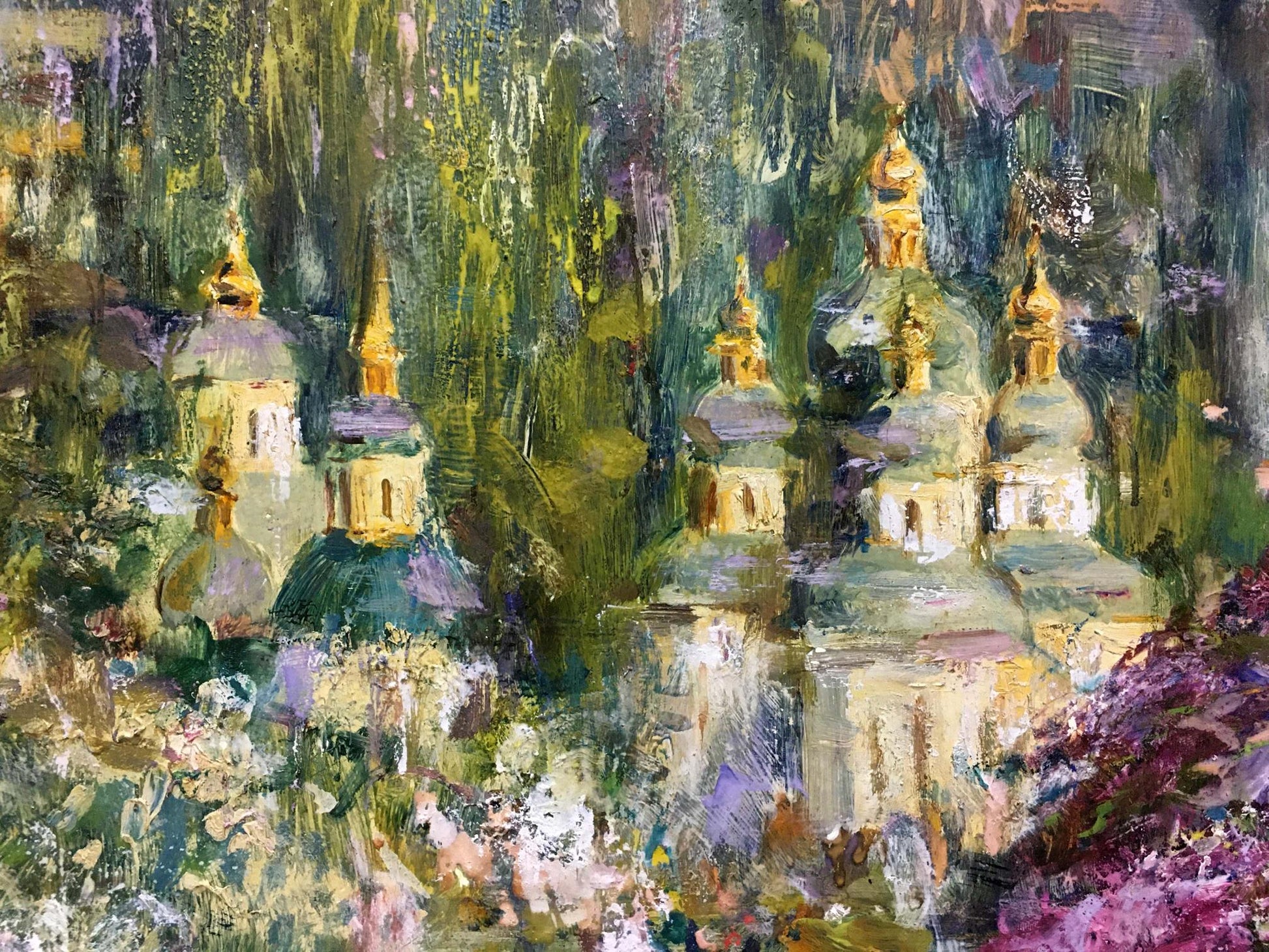 Impressionistic oil painting by Gubsky Igor Ivanovich of ornate domed churches in lush foliage