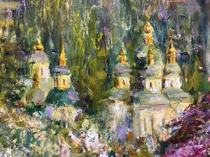 Impressionistic oil painting by Gubsky Igor Ivanovich of ornate domed churches in lush foliage