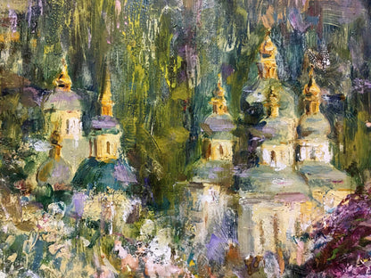 Impressionistic oil painting by Gubsky Igor Ivanovich of golden-domed churches in lush foliage