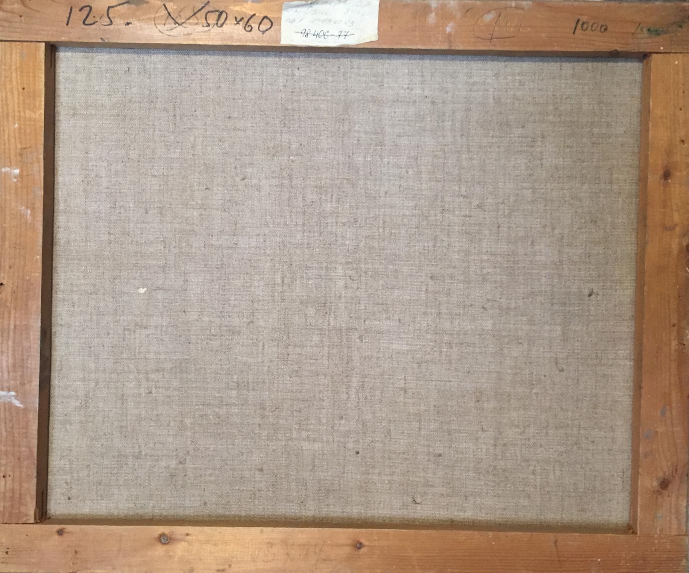 Back of framed Oil painting Woodlands by Boris Naumovich Rapoport, beige linen canvas in rustic wood frame