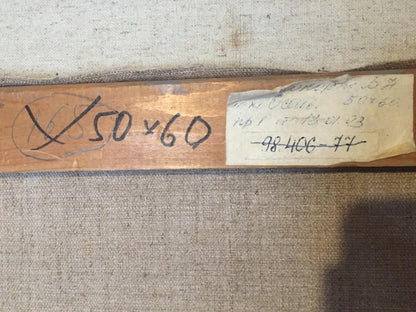 Back of Oil painting Woodlands by Boris Naumovich Rapoport with wooden stretcher bar, handwritten measurements and faded paper label