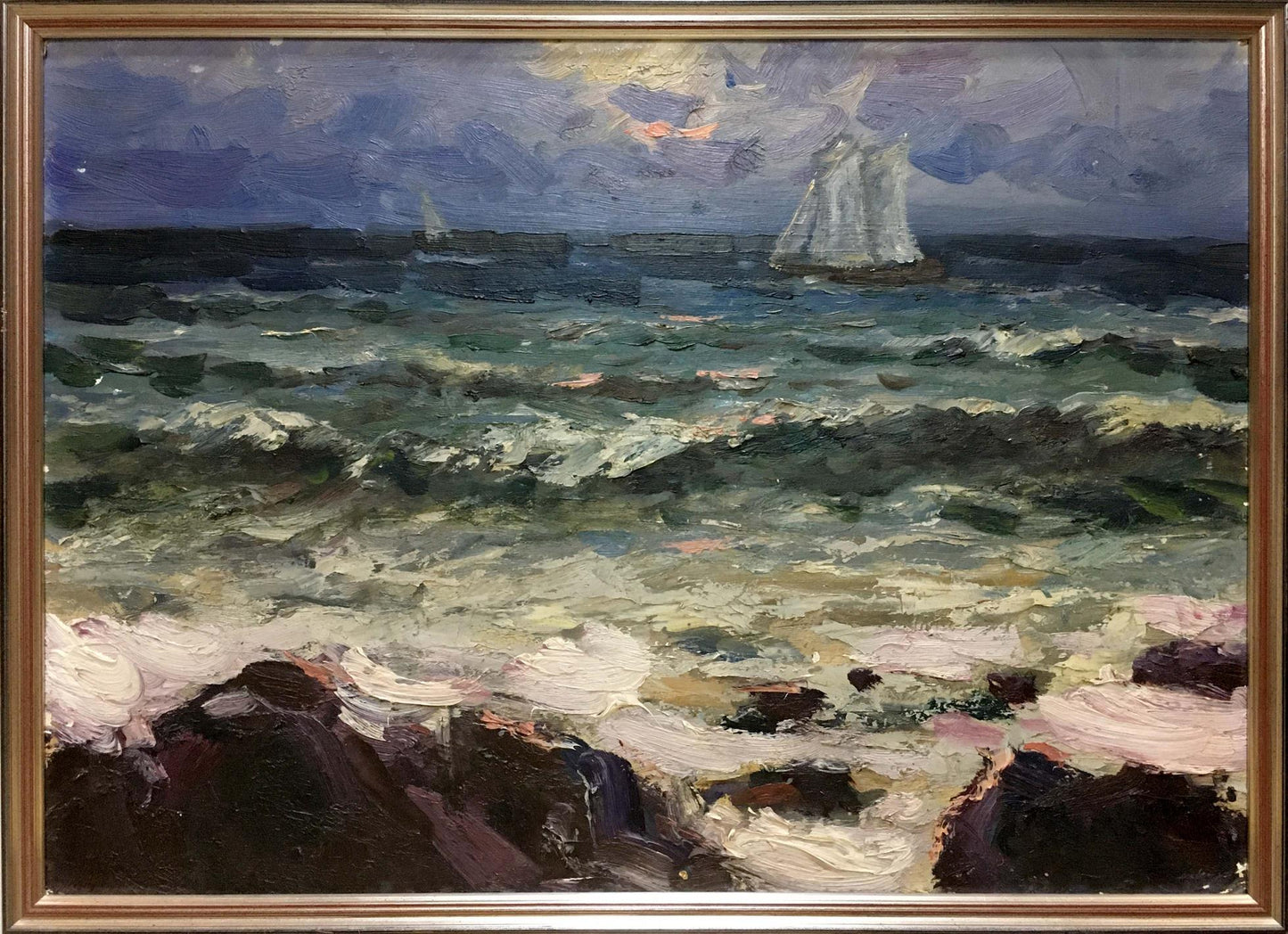 Oil painting Impending Storm by S. Sokolov: turbulent seascape