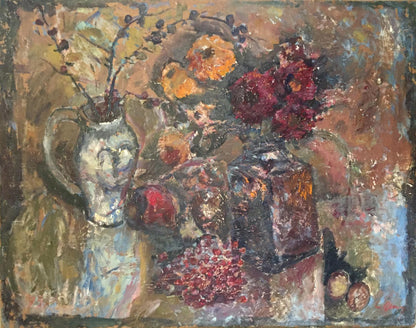 Oil painting of white ceramic pitcher with flowers by Petrashevsky Stanislav Vasilyevich