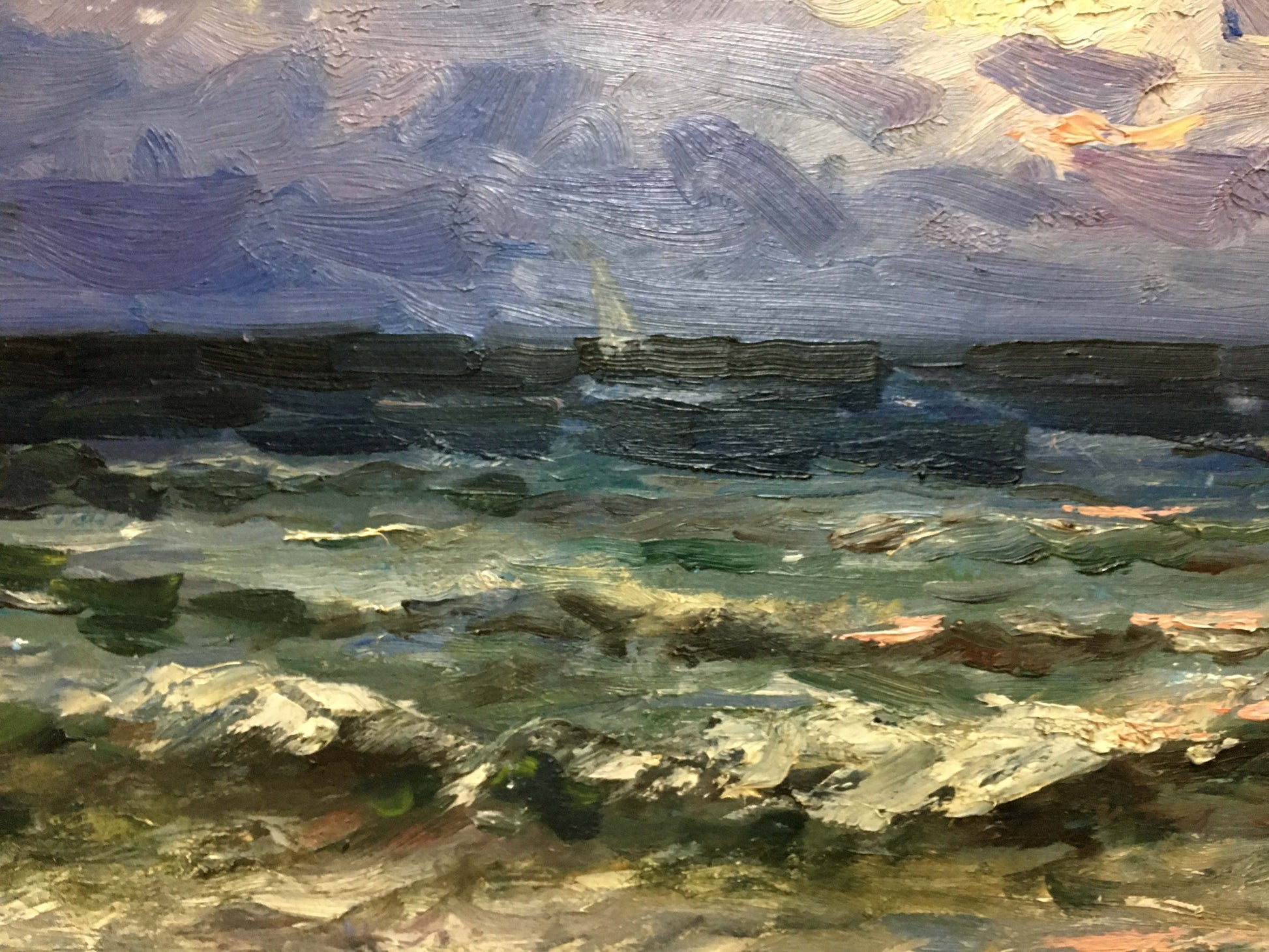 Oil painting Impending Storm by S. Sokolov: turbulent sea under moody sky
