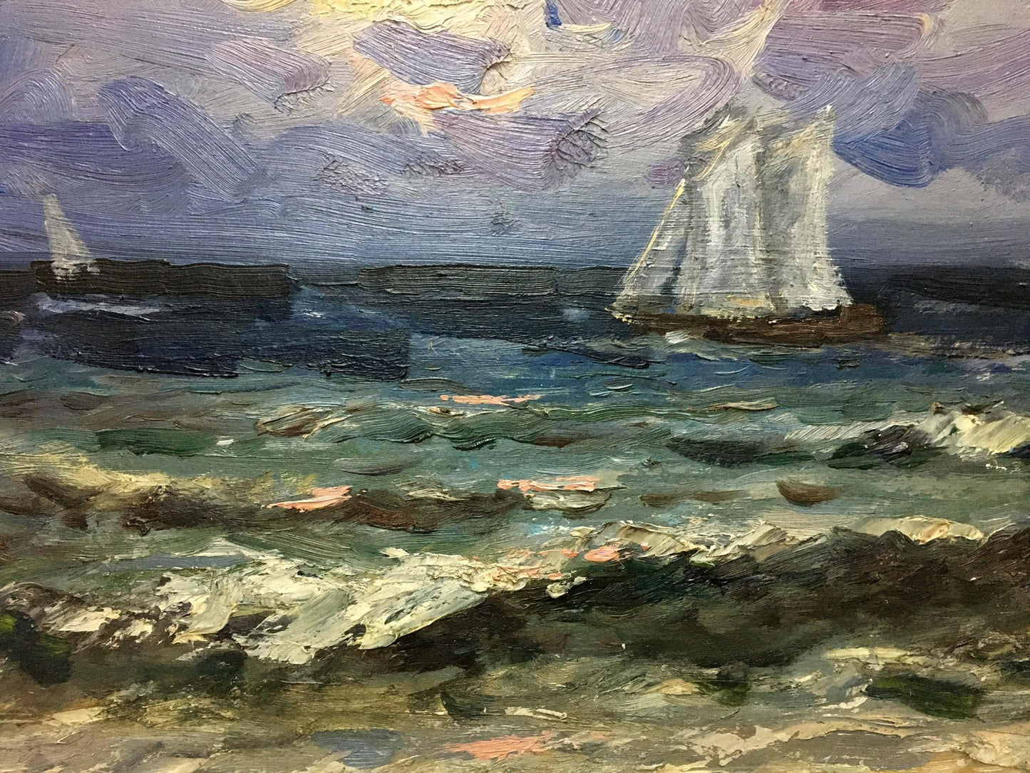 Oil painting Impending Storm by S. Sokolov: sailboats in turbulent sea