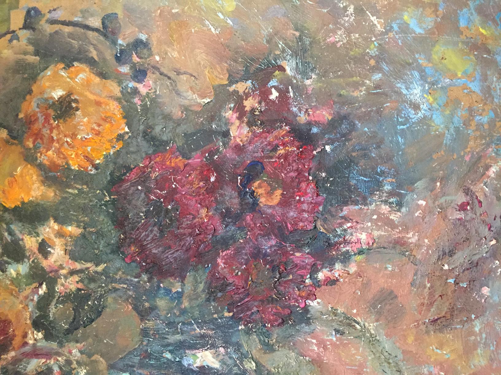 Vibrant oil painting of red orange flowers by Stanislav Vasilyevich Petrashevsky