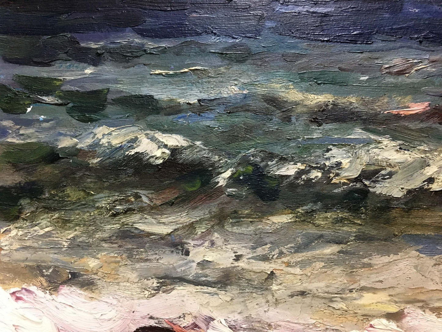 Textured oil painting Impending storm by S. Sokolov, turbulent green blue water