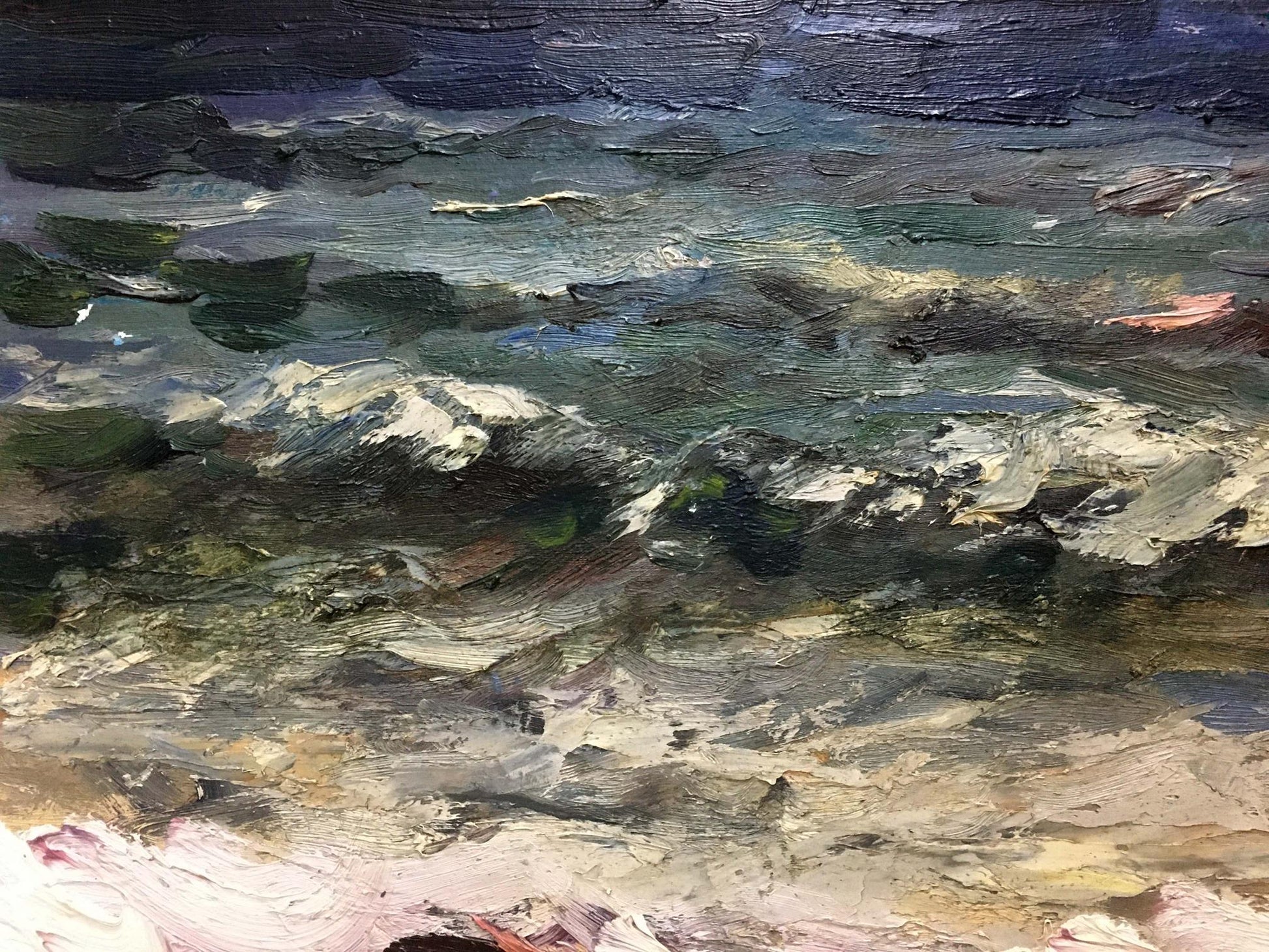 Textured oil painting Impending storm by S. Sokolov, turbulent green blue water