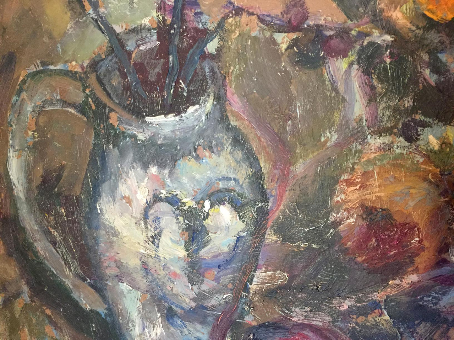 Oil painting of textured ceramic vase with dark stems by Petrashevsky Stanislav Vasilyevich