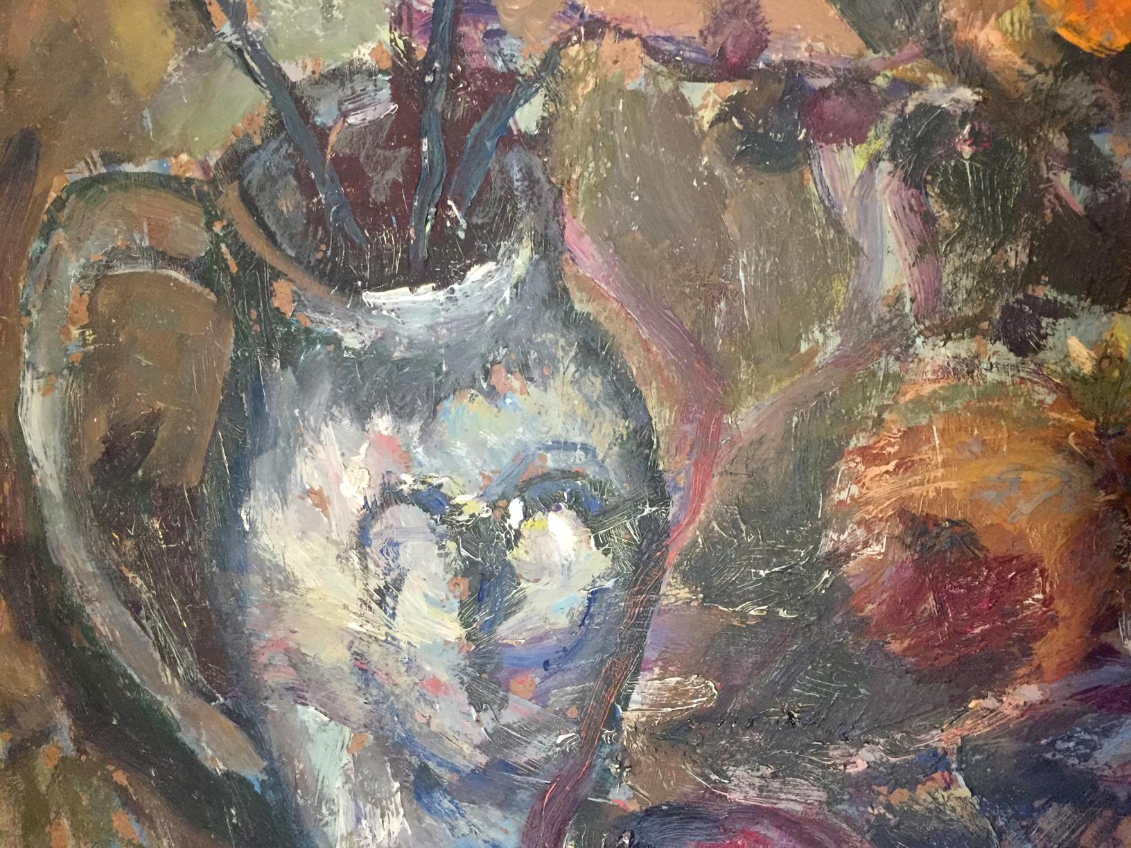 Oil painting of textured ceramic vase with dark stems by Petrashevsky Stanislav Vasilyevich