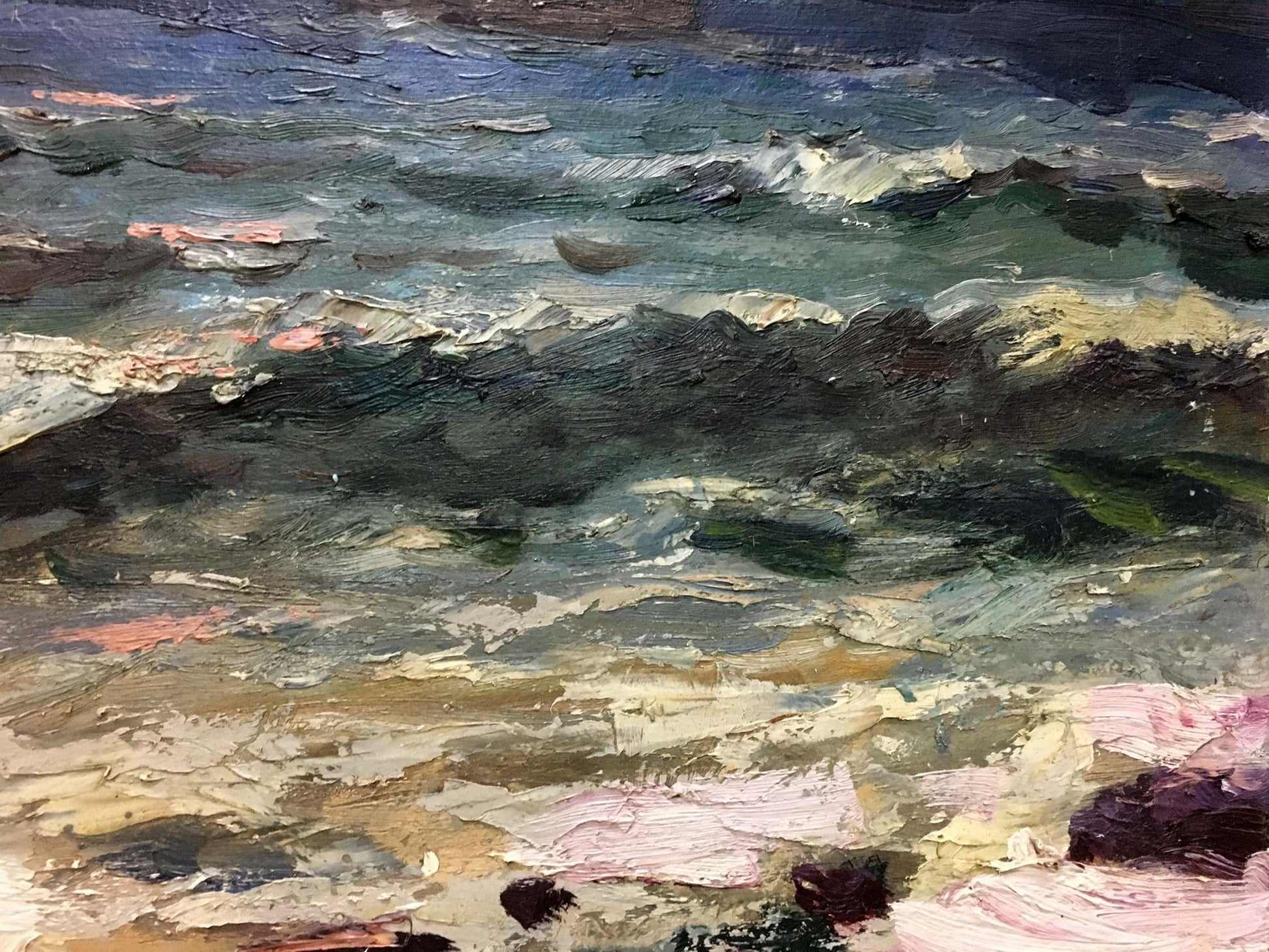 Textured oil painting of impending storm waves by S. Sokolov