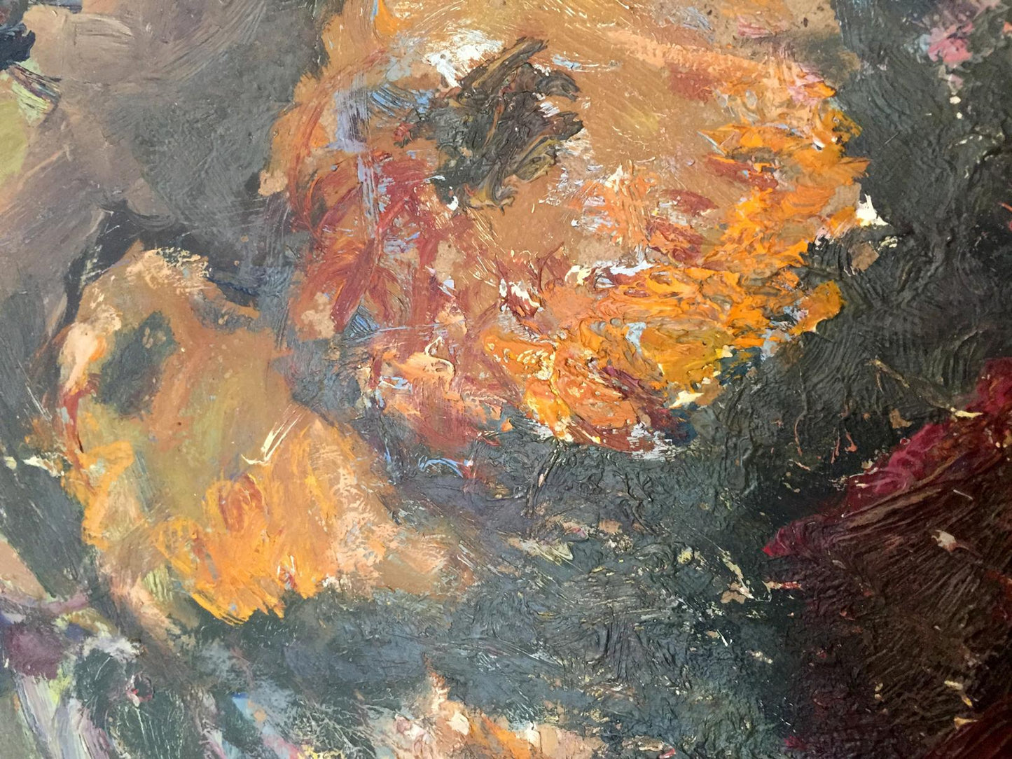 Oil painting Still life by Petrashevsky Stanislav Vasilyevich with bold impasto orange, red, gray strokes