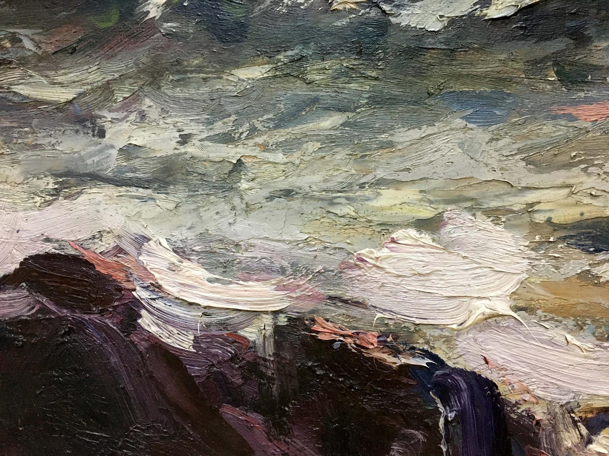 Textured oil painting of impending storm at sea by S. Sokolov