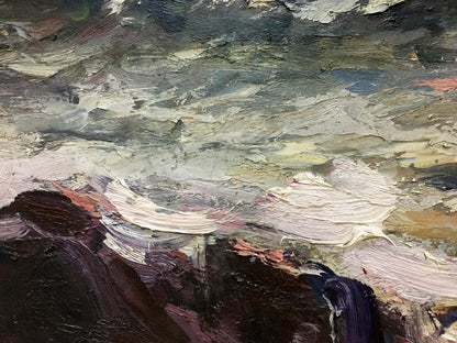 Textured oil painting of impending storm at sea by S. Sokolov