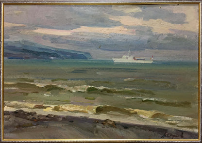Oil painting of white fishing boat with red stripe sailing calm greenish-blue sea by A. E. Strelov
