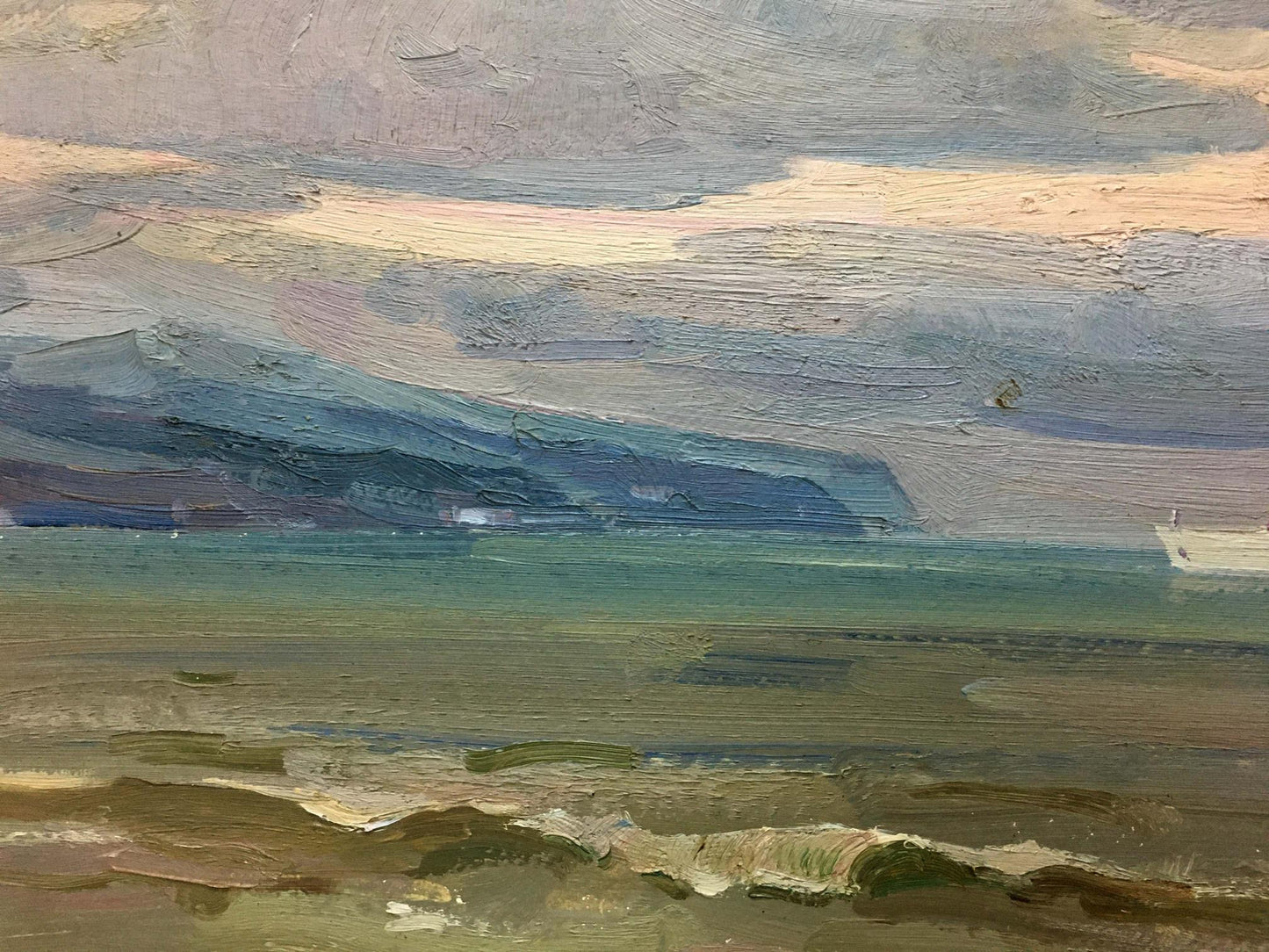 Textured oil painting of ship at sea by A. E. Strelov, coastal landscape