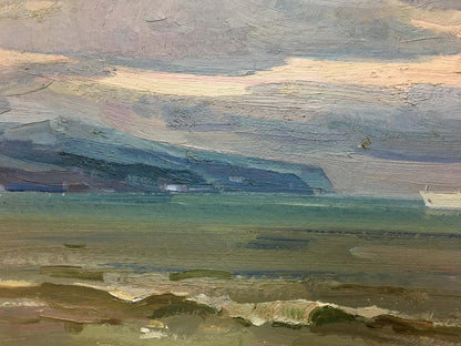 Textured oil painting of ship at sea by A. E. Strelov, coastal landscape