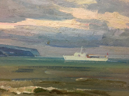 Oil painting Ship at Sea by A. E. Strelov: white boat on greenish-blue sea