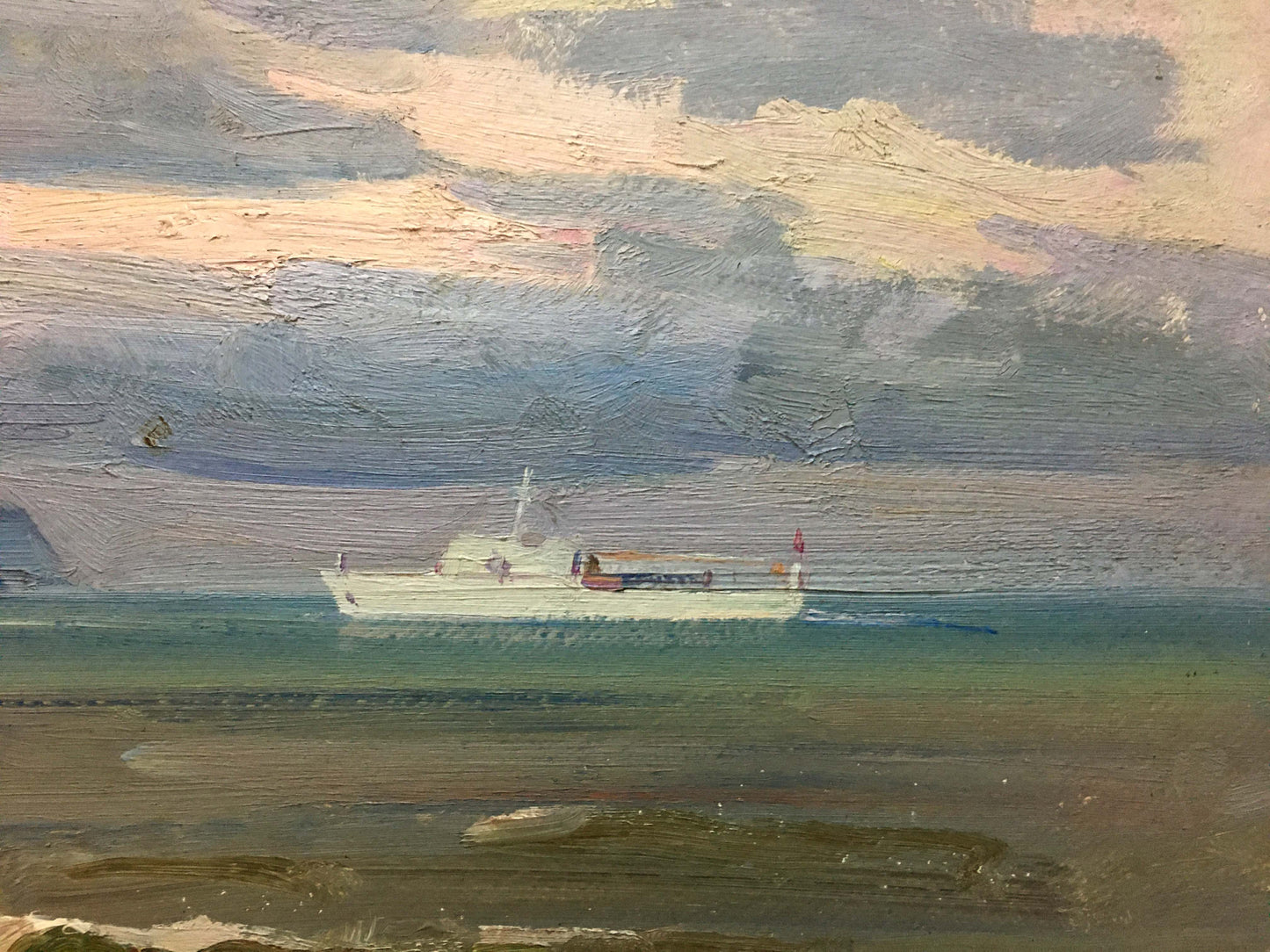 Oil painting by A. E. Strelov: white boat with red flag on calm greenish-blue sea