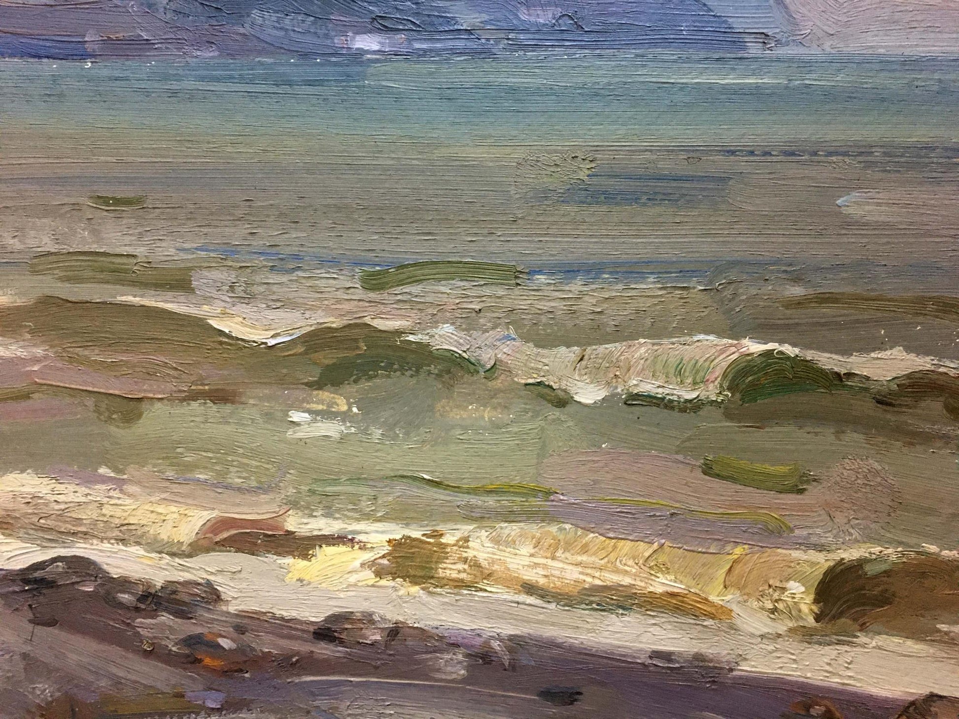 Textured impressionist oil painting of ship at sea by A. E. Strelov