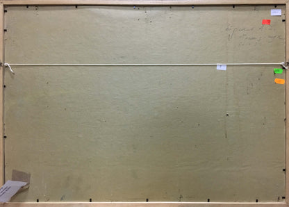 Back of framed oil painting Ship at sea by A. E. Strelov with inscription