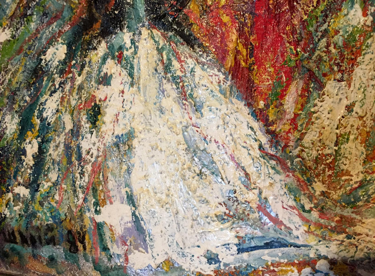 Oil painting Song Shary Anatoly Ivanovich with textured cream fabric and bold red green brushstrokes
