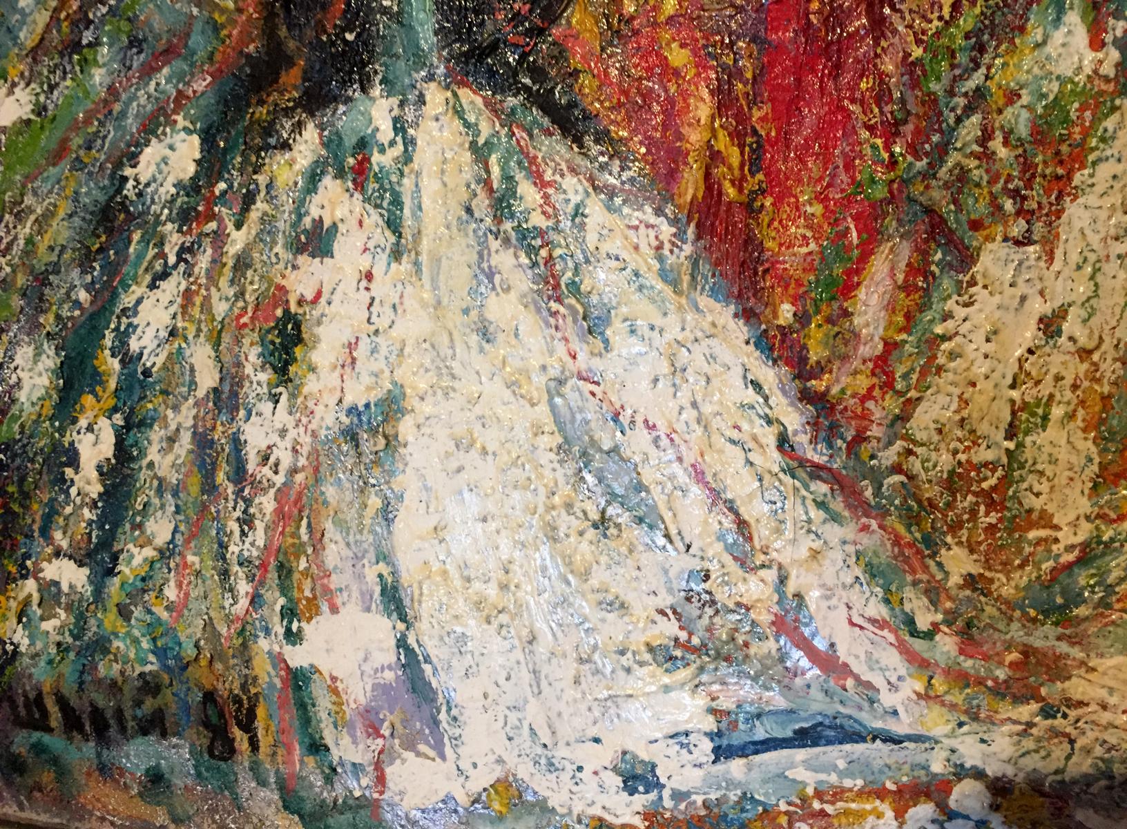 Oil painting Song Shary Anatoly Ivanovich with textured cream fabric and bold red green brushstrokes