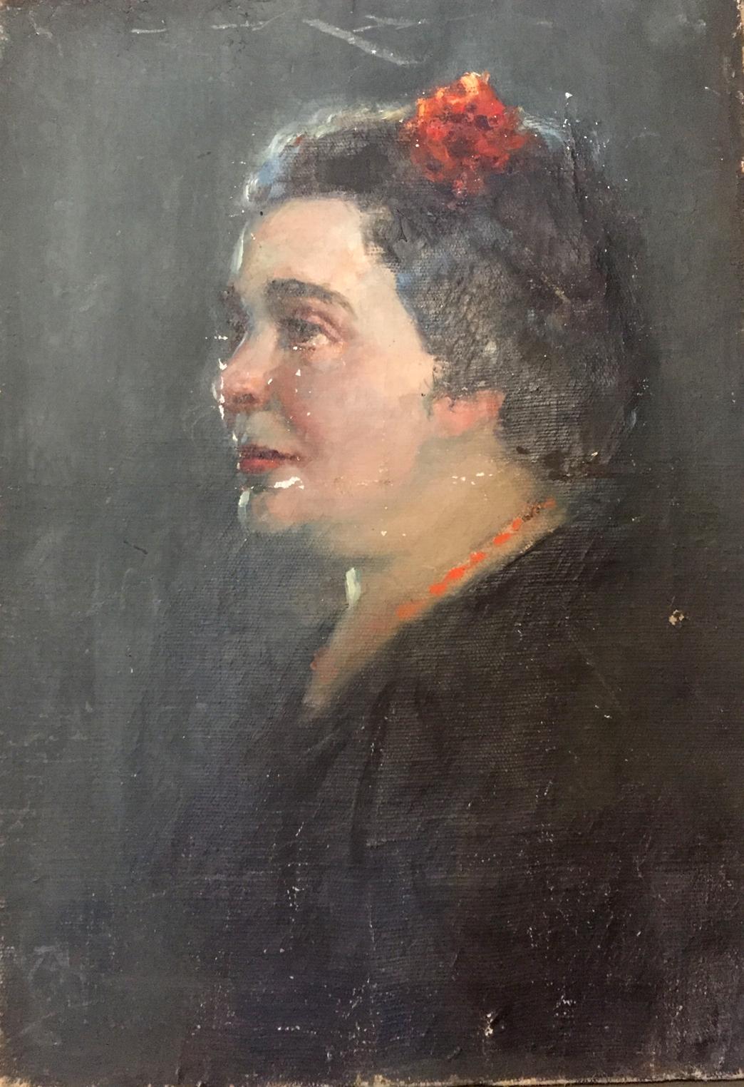 Oil painting portrait of woman by Leonid Mikhailovich Stil, profile view