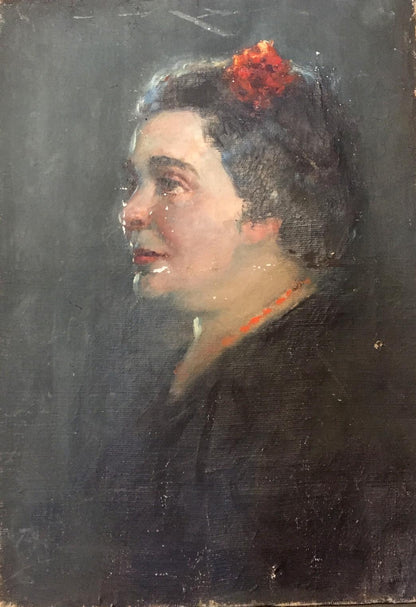Oil painting portrait of woman by Leonid Mikhailovich Stil, profile view