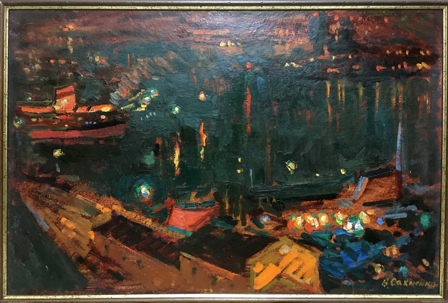 Oil painting Night port by Sakhnenko Victor Ivanovich, framed harbor scene