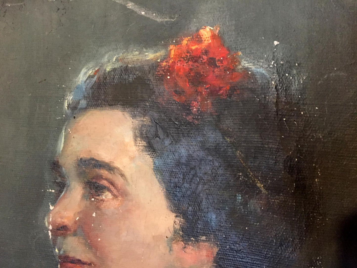 Oil painting portrait of woman by Leonid Mikhailovich Stil with red floral hair accessory