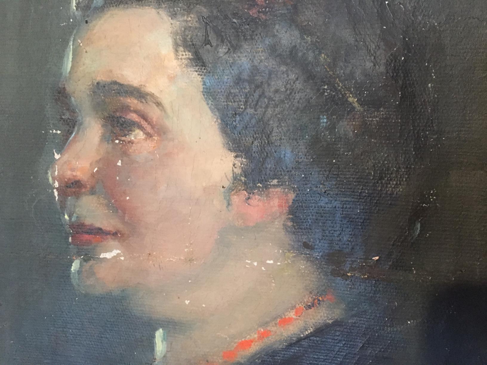 Oil painting portrait of woman by Leonid Mikhailovich Stil with dark hair and red beaded necklace