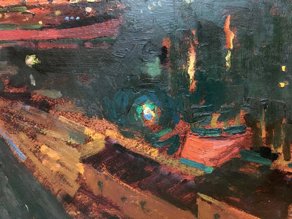 Oil painting Night port by Sakhnenko Victor Ivanovich, abstract impasto in dark greens, reds