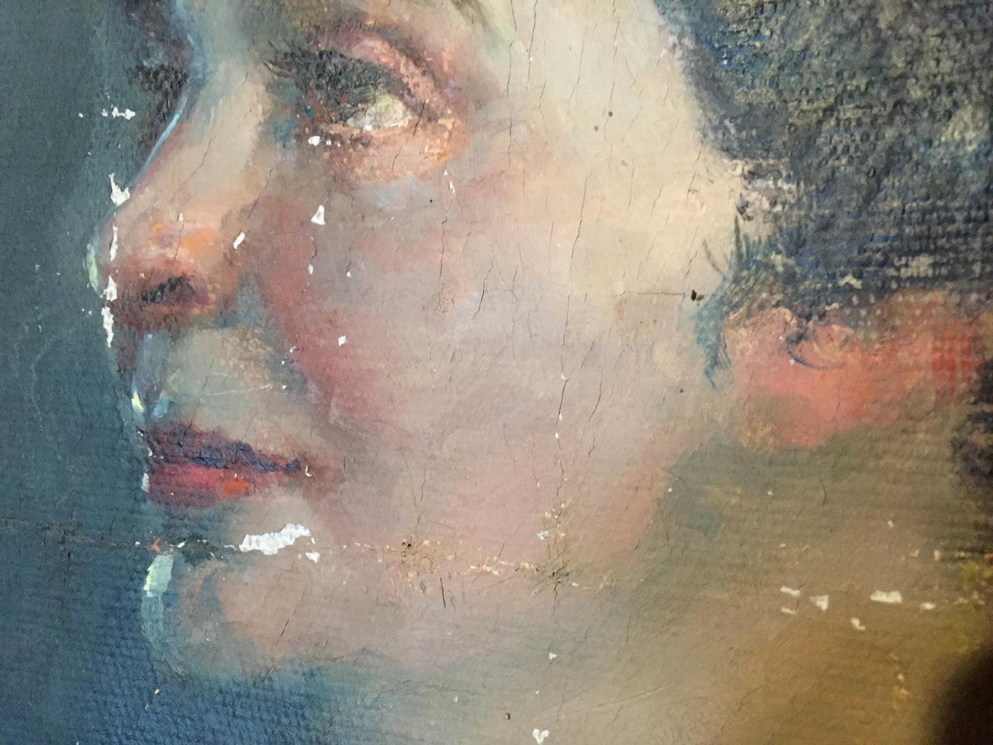 Weathered oil painting portrait of woman by Leonid Mikhailovich Stil
