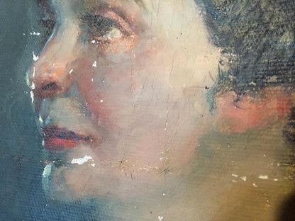 Weathered oil painting portrait of woman by Leonid Mikhailovich Stil