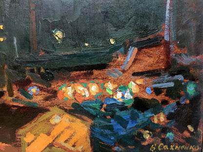 Dark green and orange Night port oil painting by Sakhnenko Victor Ivanovich