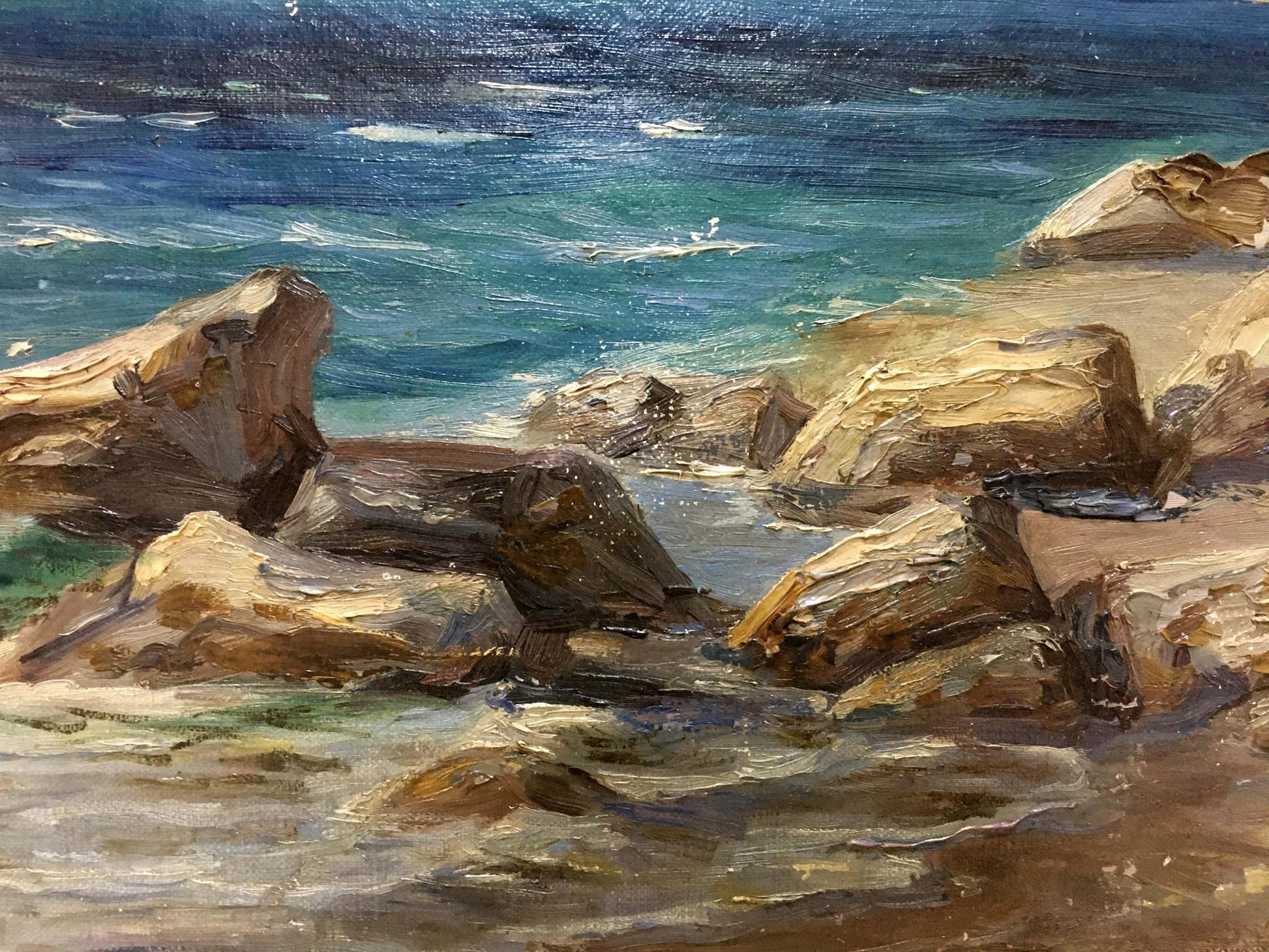 Oil painting Coast by Stepan Yarovoy: sunlit rocks and turquoise waves