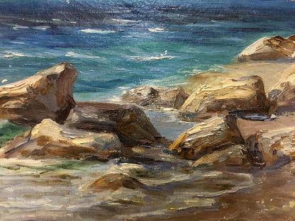 Oil painting Coast by Stepan Yarovoy: sunlit rocks and turquoise waves