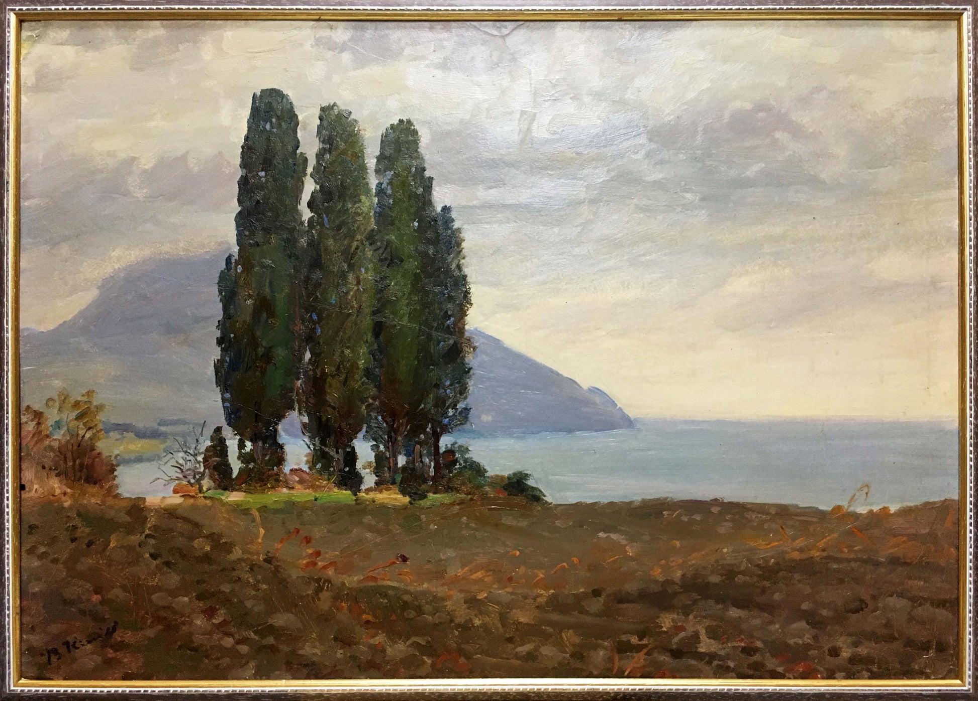 Framed Oil painting Shore landscape by I. V. Kisil serene lakeside with cypress trees
