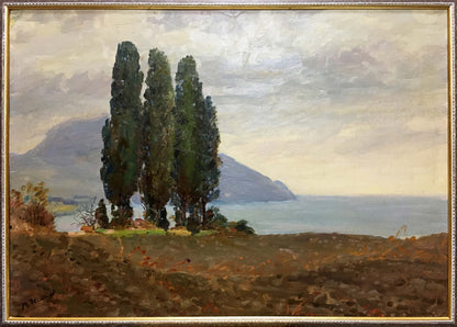 Framed Oil painting Shore landscape by I. V. Kisil serene lakeside with cypress trees