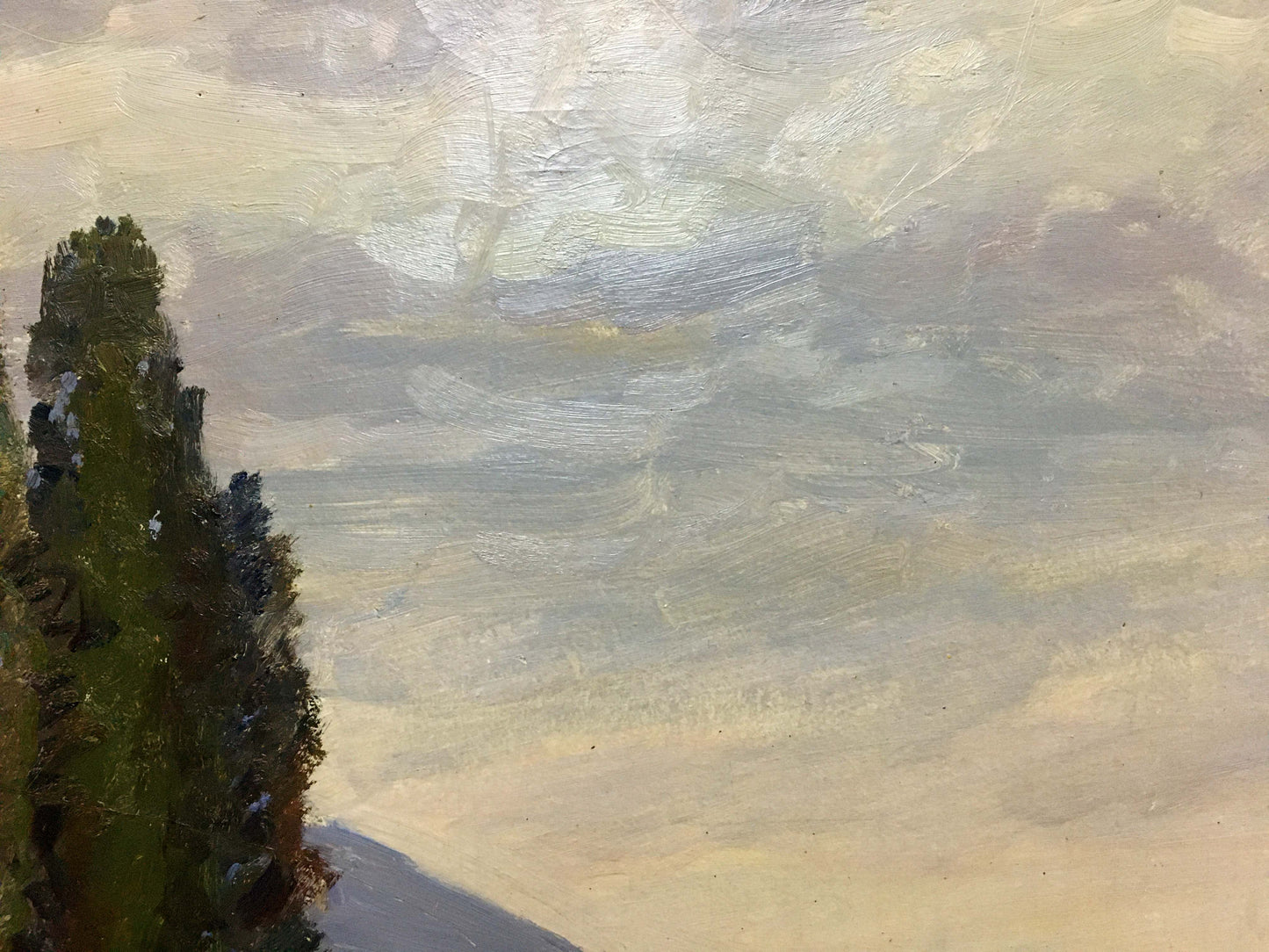 Oil painting Shore landscape by I. V. Kisil: tall dark green cypress tree under cloudy sky