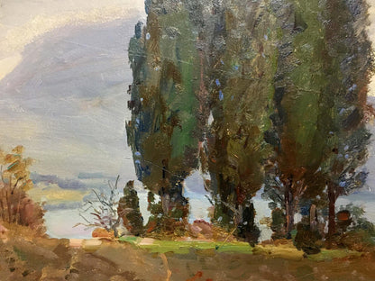 Oil painting Shore landscape by I. V. Kisil: tall cypress trees textured foliage gray sky