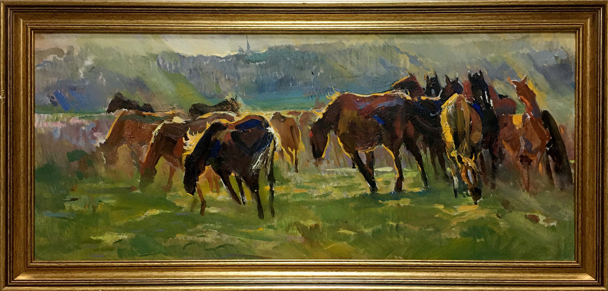 Framed impressionistic oil painting of horse herd in grassy field by unknown artist