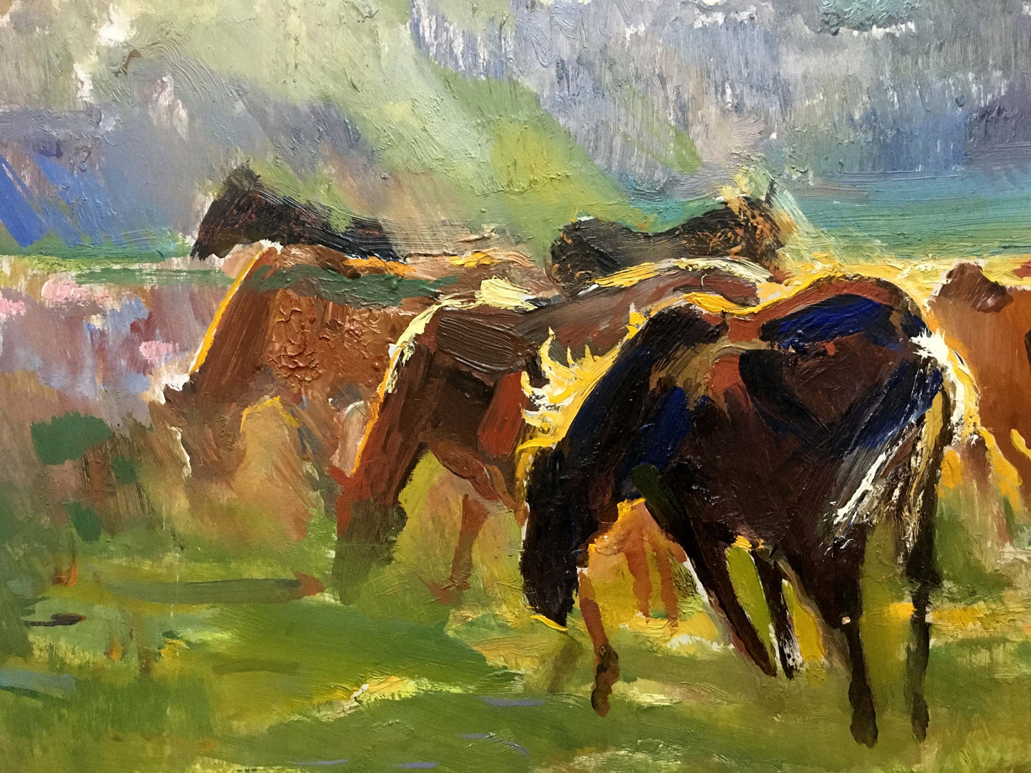 Impressionistic oil painting of horses in field by unknown artist