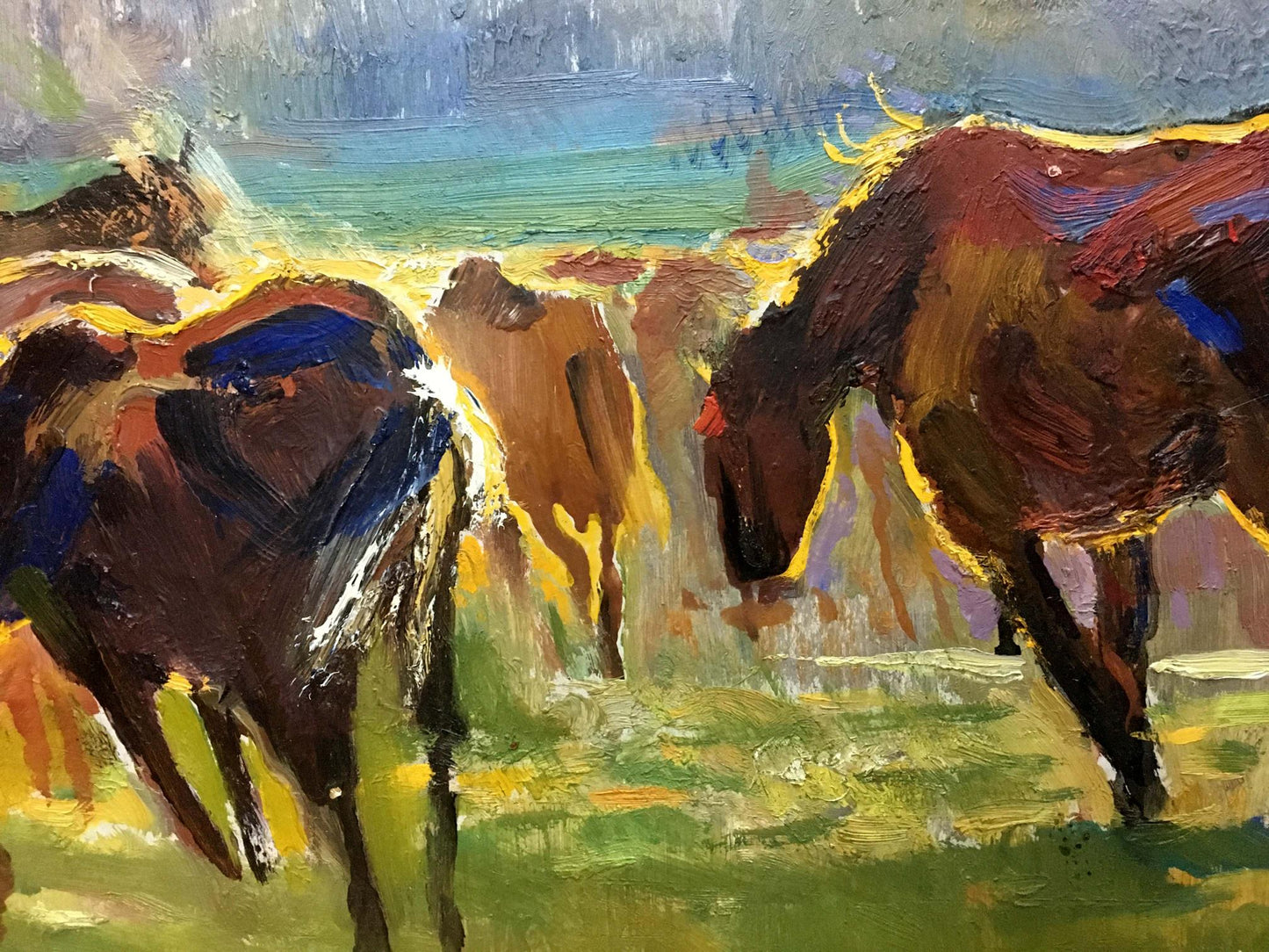 Vibrant impressionistic oil painting of horses in field by unknown artist