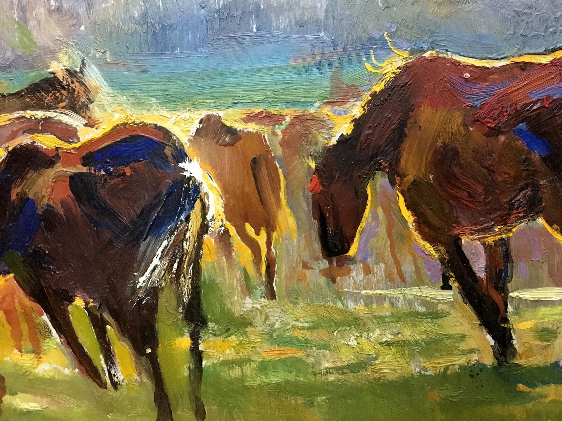 Vibrant impressionistic oil painting of horses in field by unknown artist