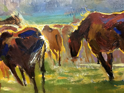 Vibrant impressionistic oil painting of horses in field by unknown artist