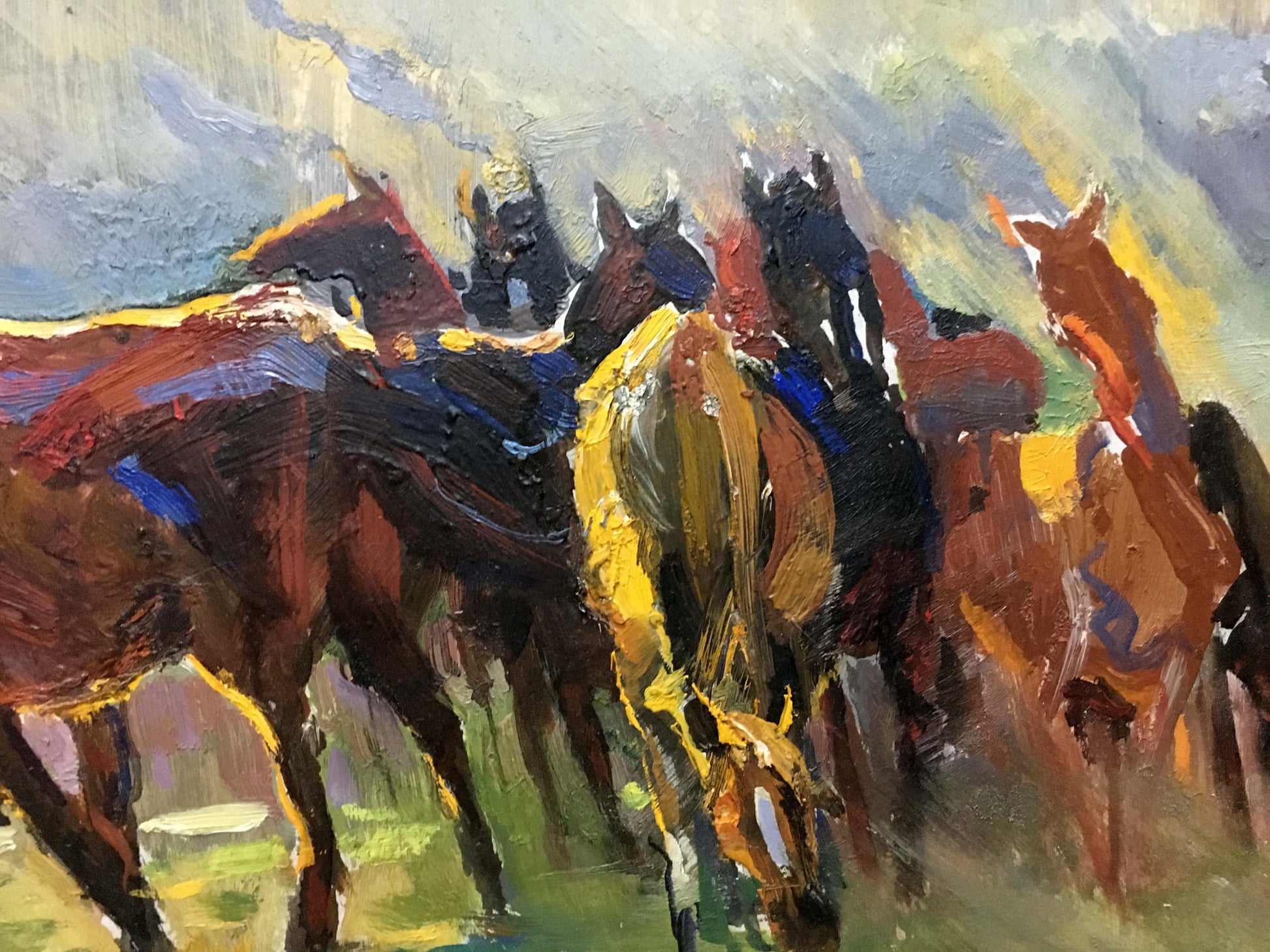 Vibrant impressionist oil painting of horses in motion by unknown artist