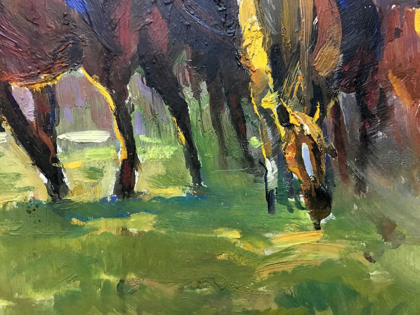 Vibrant impressionist oil painting of horses in field by unknown artist