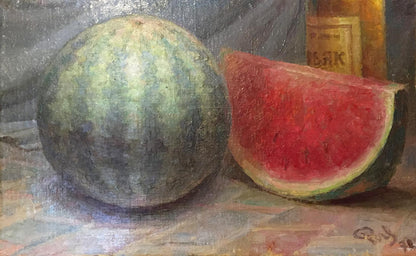 Oil painting of whole green watermelon beside juicy red slice